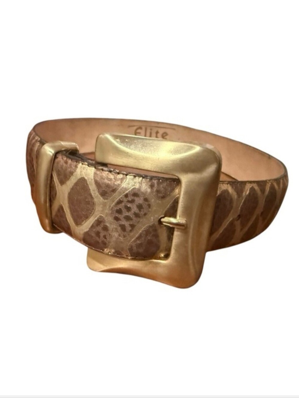 Vintage Elite Gold Animal Print Leather Statement Belt Oversized Buckle Small